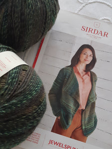 Knitting kit includes sirdar pattern 10025 ladies drape cardigan and jewelspun aran yarn shade 845 golden green size M L XL