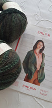 Load image into Gallery viewer, Knitting kit includes sirdar pattern 10025 ladies drape cardigan and jewelspun aran yarn shade 845 golden green size M L XL
