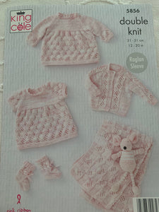 King cole little treasures yarn dk wool with knitting pattern 5856 baby girl dress cardigan and blanket prem- 12 months
