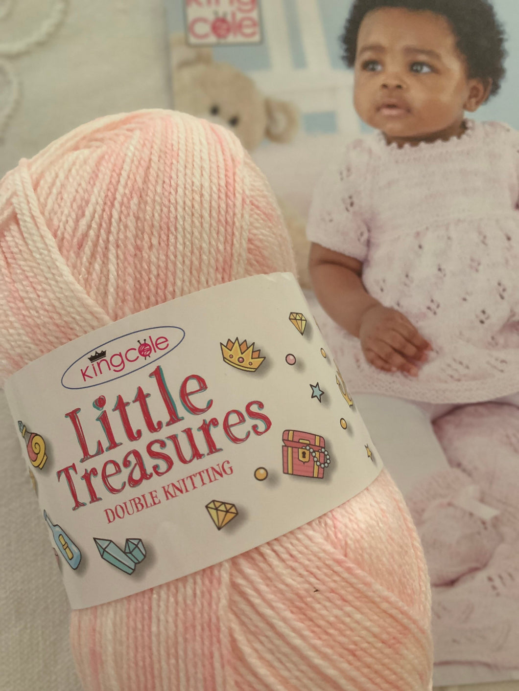 King cole little treasures yarn dk wool with knitting pattern 5856 baby girl dress cardigan and blanket prem- 12 months