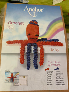 Anchor Octopus complete crochet kit, orange and dark blue Milo.